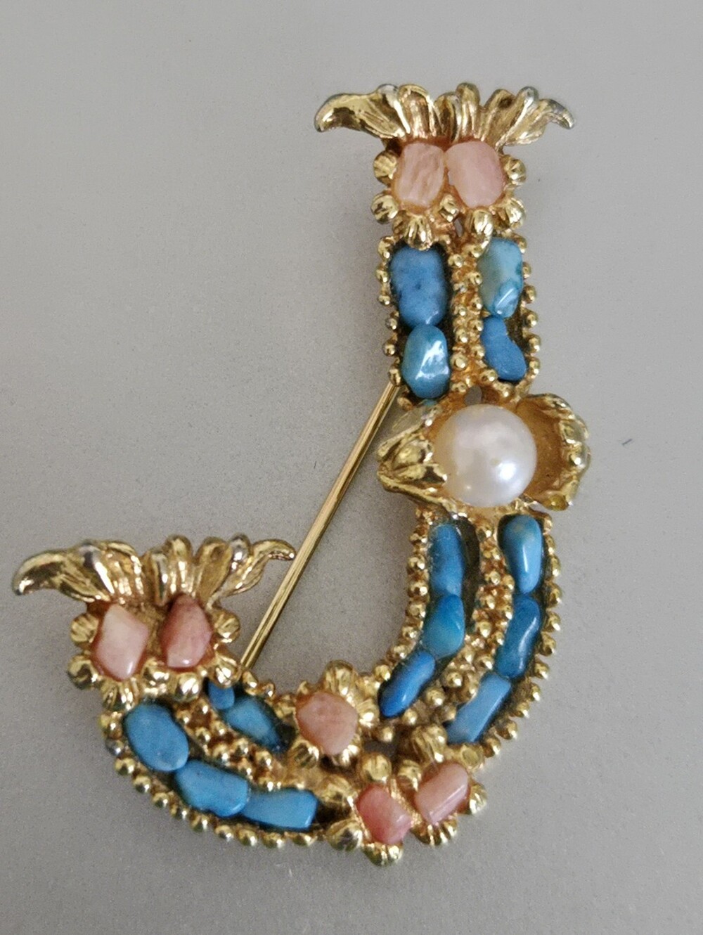 Swoboda Inc. "J" Initial Brooch Pink Blue Stones Pearl Goldtone